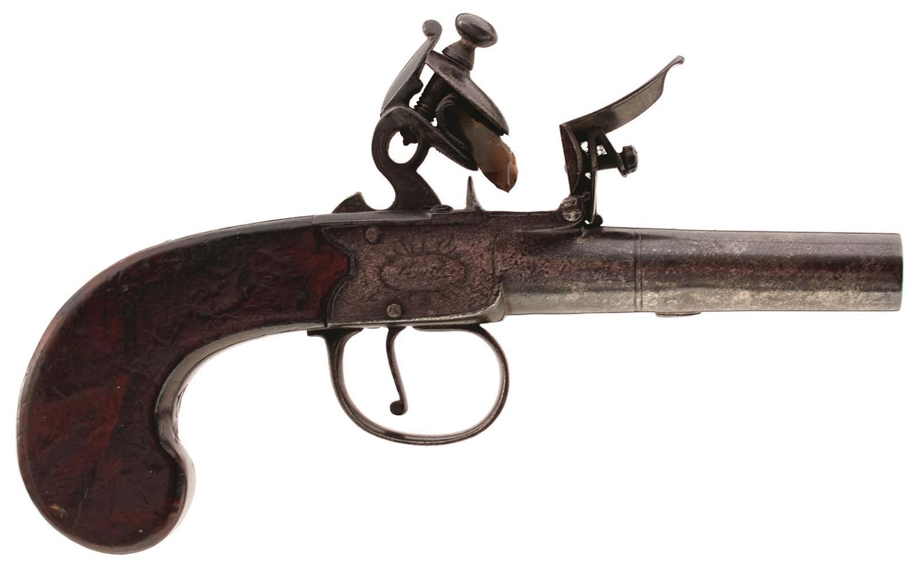 A 54-BORE FLINTLOCK BOXLOCK POCKET PISTOL, 2inch turn-off barrel, border engraved signed action,