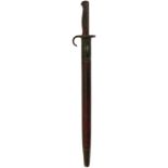 A 1907 PATTERN HOOKED QUILLON BAYONET BY WILKINSON, contained in its steel mounted leather scabbard,