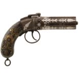 A 120-BORE FIVE-SHOT PERCUSSION PEPPERBOX REVOLVER, 4.25inch fluted barrels with applied white metal