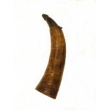 AN 18TH CENTURY POWDER HORN, 32cm natural form polished and carved body, the base with wooden