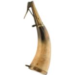 1790-1815 PRIMING FLASK TO THE 7TH BATTERY ROYAL ARTILLERY, polished horn body with brass mounts,