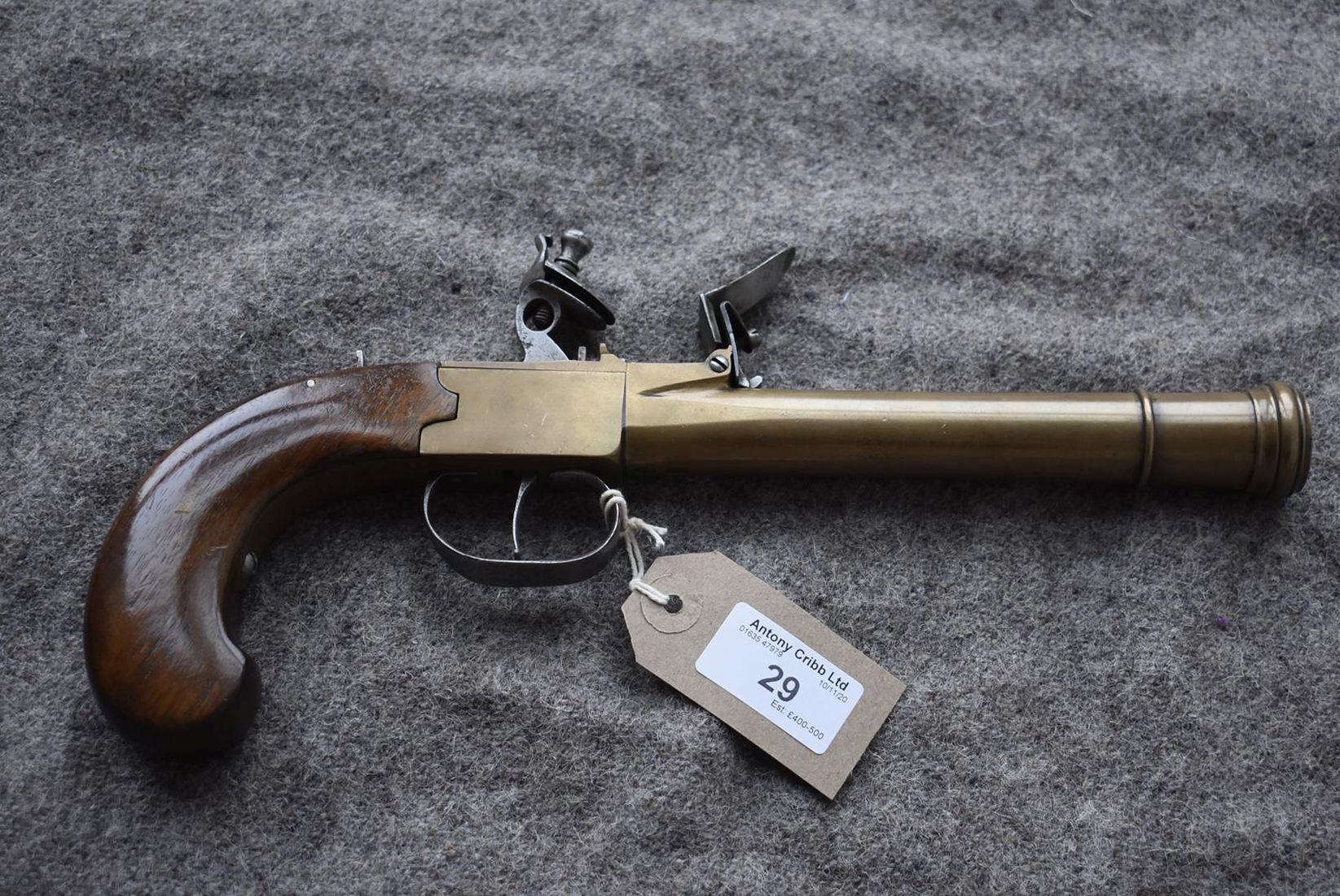 A 15-BORE BRASS BLUNDERBUSS PISTOL, 6.5inch barrel with ring turned muzzle, plain action, sliding - Image 2 of 8