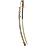 A GEORGIAN LIGHT DRAGOON OFFICER'S BLUED AND GILT SWORD, 83cm curved blade decorated with a stand of