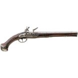 AN 18TH CENTURY 20-BORE FLINTLOCK HOLSTER PISTOL, 11.75inch three-stage sighted barrel, chiselled at
