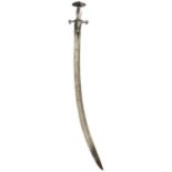 A 19TH CENTURY INDIAN TULWAR, 85cm curved fullered blade with applied gilt decoration to the back