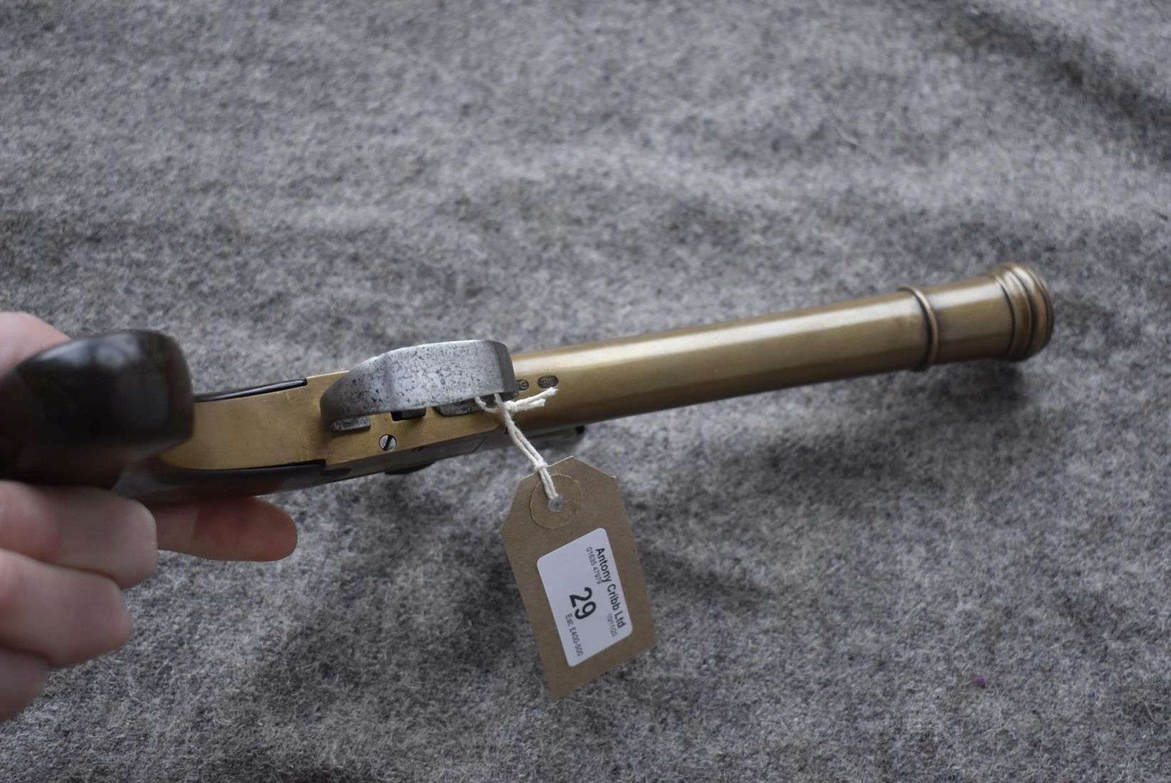 A 15-BORE BRASS BLUNDERBUSS PISTOL, 6.5inch barrel with ring turned muzzle, plain action, sliding - Image 3 of 8