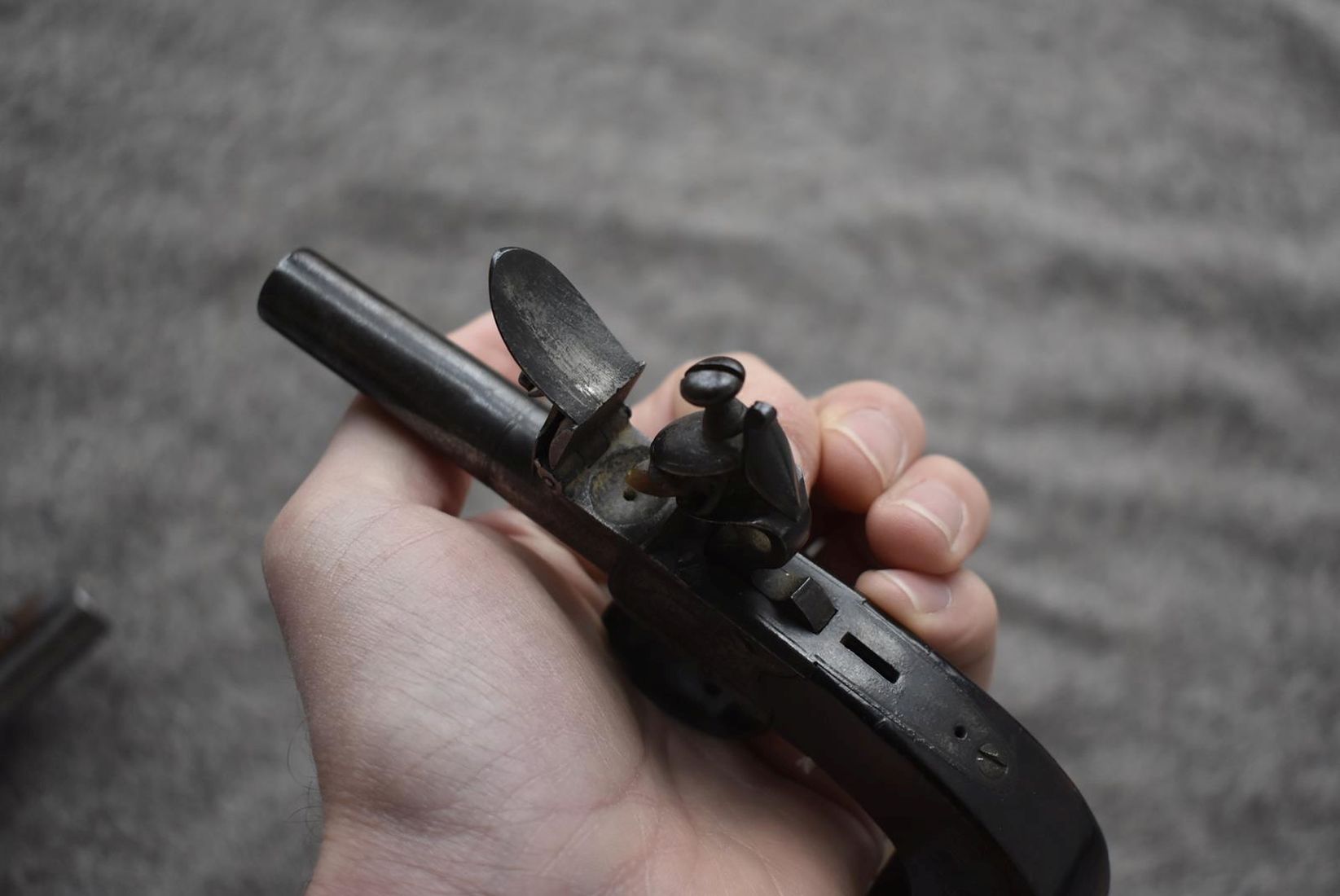 A 54-BORE FLINTLOCK BOXLOCK POCKET PISTOL, 2inch turn-off barrel, border engraved signed action, - Image 11 of 11