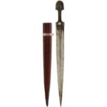 A 19TH CENTURY KINDJAL, 42cm double fullered blade with raised medial ridge, inset with a brass