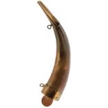 AN IMPERIAL RUSSIAN GUNNER'S POWDER FLASK OR HORN, polished horn body with sprung brass nozzle,