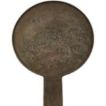A LARGE JAPANESE BRONZE HAND MIRROR, decorated with storks and a blossoming prunus tree with