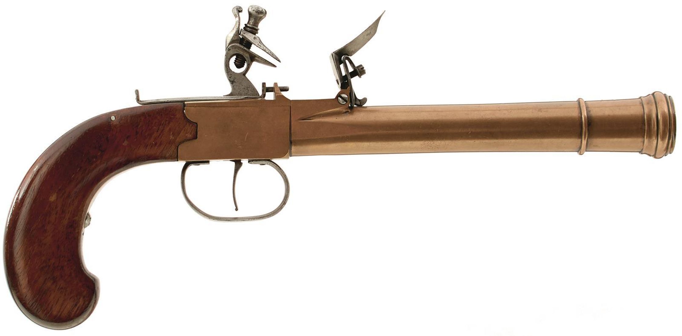 A 15-BORE BRASS BLUNDERBUSS PISTOL, 6.5inch barrel with ring turned muzzle, plain action, sliding