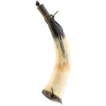 A PERCY TENANTRY POWDER FLASK OR HORN, polished horn body with brass mounts, the nozzle with