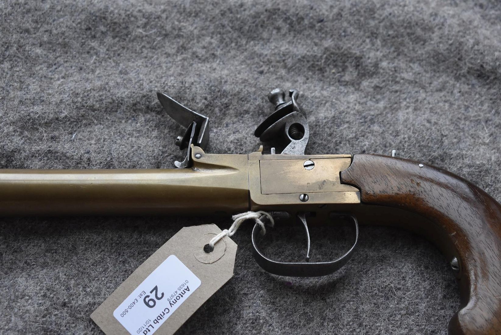 A 15-BORE BRASS BLUNDERBUSS PISTOL, 6.5inch barrel with ring turned muzzle, plain action, sliding - Image 7 of 8