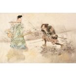 THREE JAPANESE MEIJI PERIOD VIEWS, mixed media, depicting figures on a balcony, a falcon in a