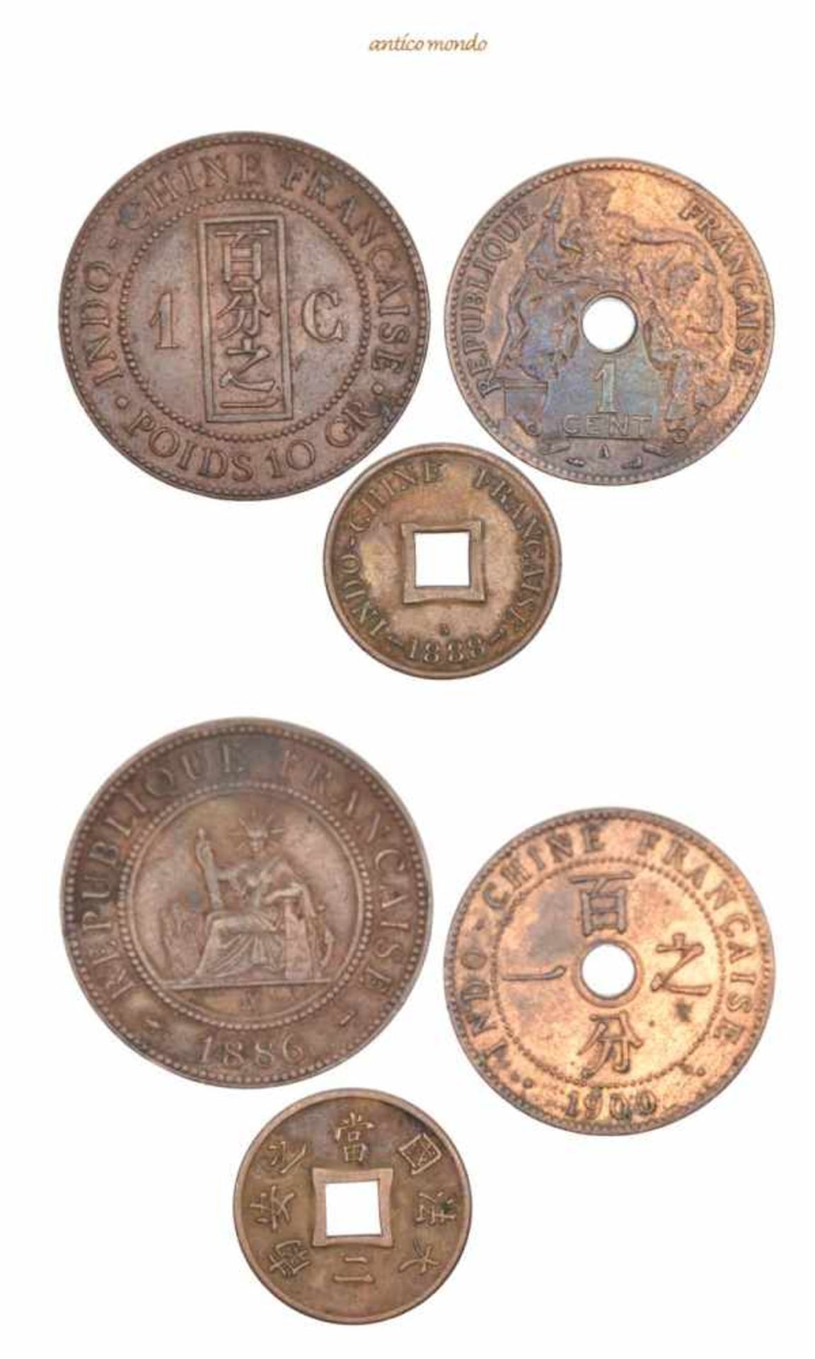 Frankreich Indochina, Cent (2x), 2 Sapeque 1886, 1900, 1888, sehr schön-vorzüglich, 3 Stück- - -21.