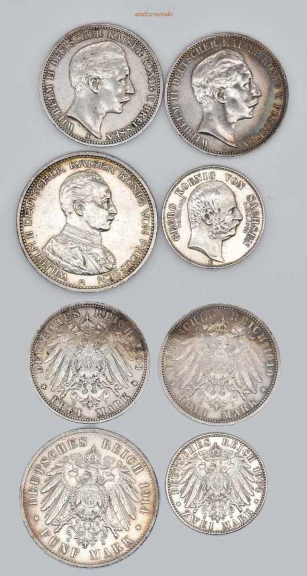 Lot von Reichsmünzen. Sachsen, 2 Mark 1904 und Preussen, 3 Mark 1908, 1910 sowie 5 Mark 1914, sehr