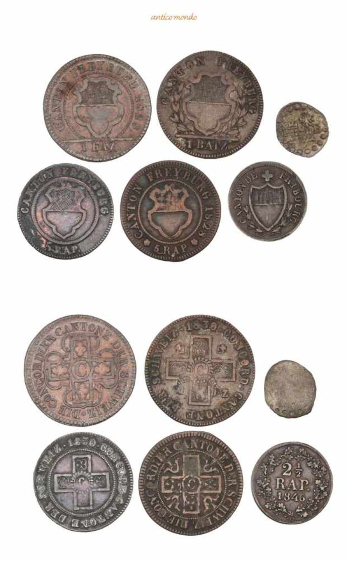 Schweiz Freiburg, Lot von Kleinmünzen des 19. Jhd., vom Pfennig bis zum Batzen, meist sehr schön,