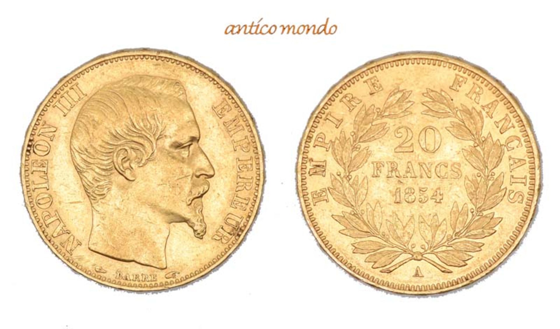 Frankreich, Napoleon III., 1848/1852-1870, 20 Francs, 1854, sehr schön-vorzüglich, 6,47 g- - -21.