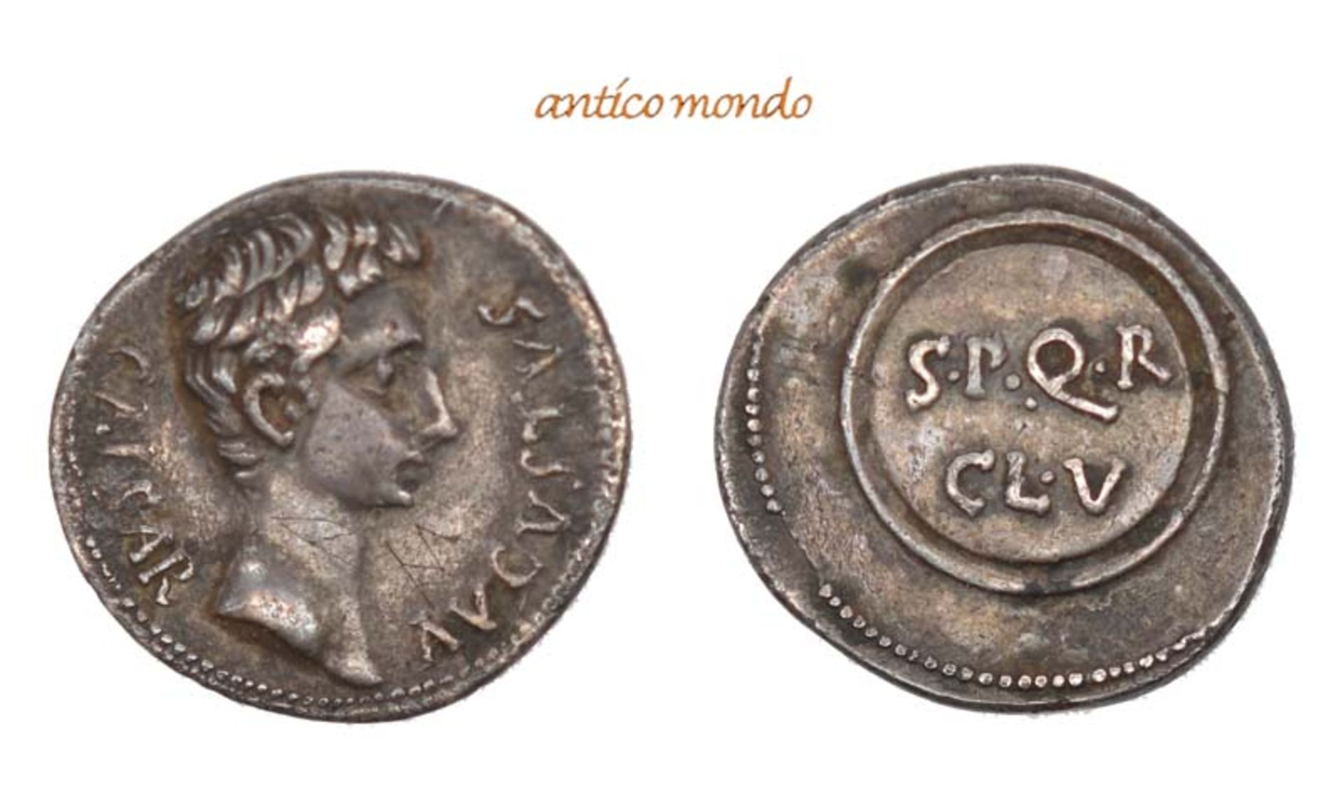 Römische Münzen, Augustus, 30 v.-14 n. Chr., AR-Denar, 19/18 v. Chr., winz. Kratzer, Graffito auf