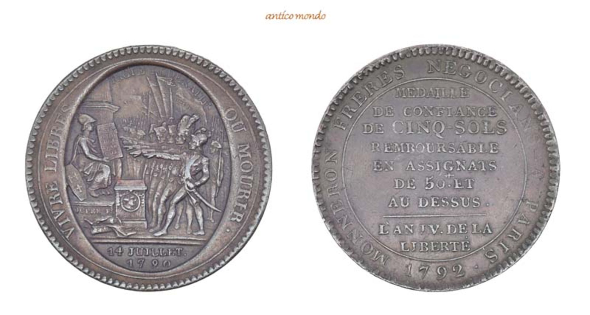 Frankreich Bourbonen, Constitution, 1791-1792, Bronzemedaille de confiance zu 5 Sols, 1792, fast