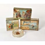 3 Tin Cans + Ashtray, min. paint d., around 1900-1920, C 1-2