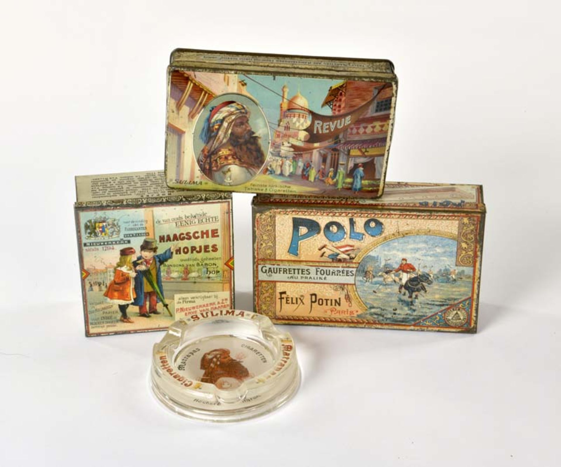 3 Tin Cans + Ashtray, min. paint d., around 1900-1920, C 1-2