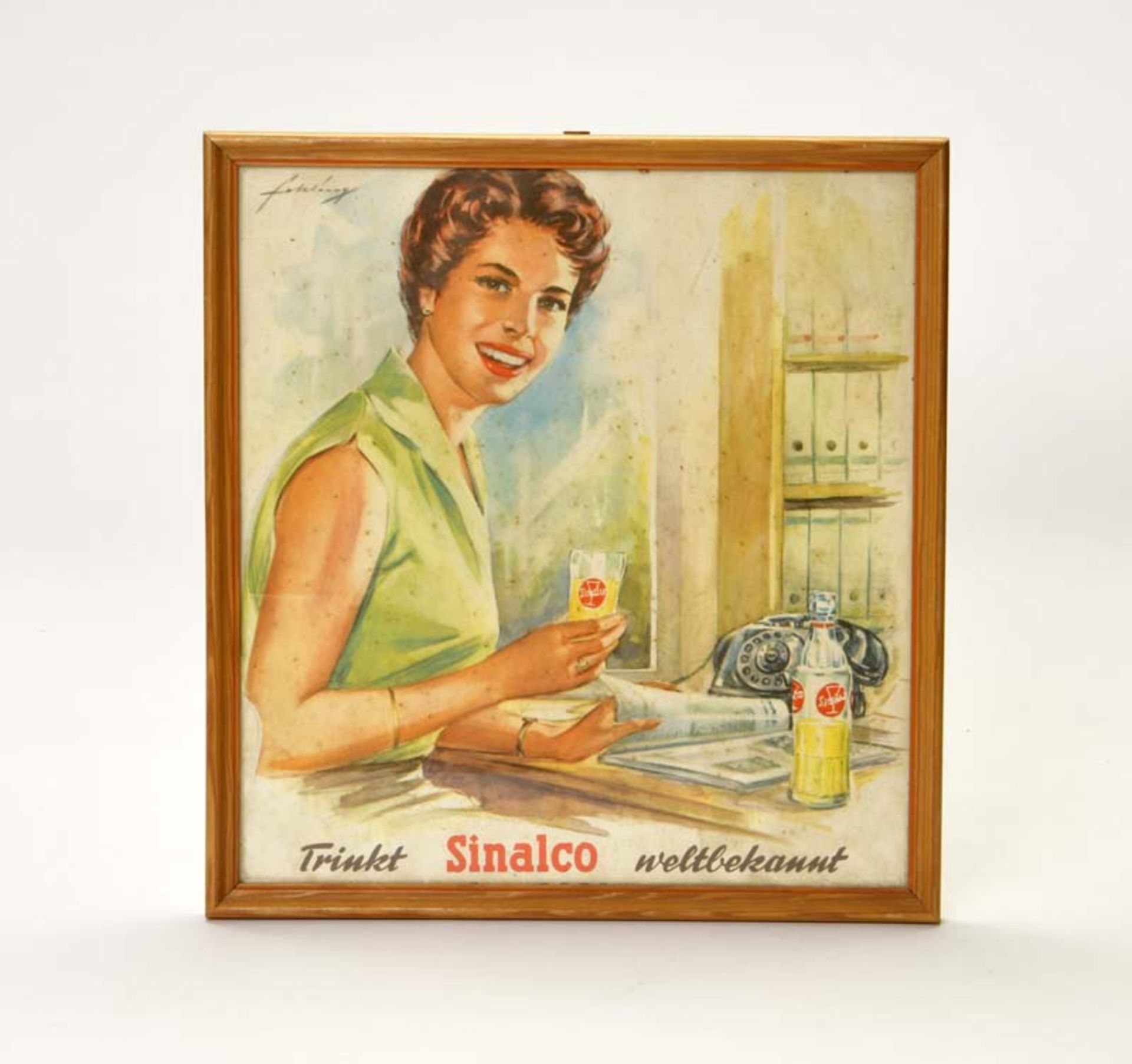 Poster "Trinkt Sinalco weltbekannt", in wooden frame, min. stainy