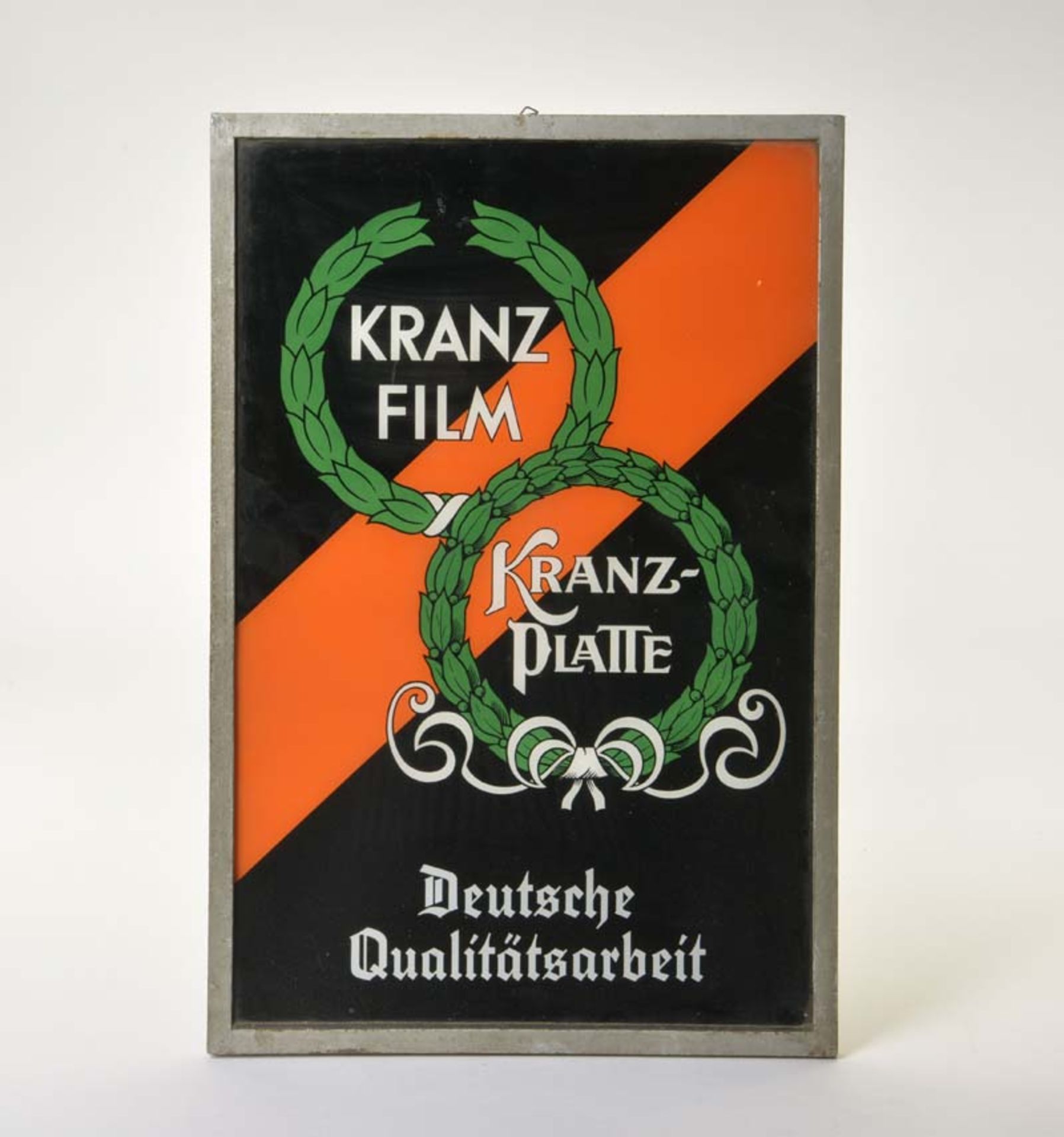 Glass Sign "Kranz Film, Deutsche Qualitätsarbeit", Germany, min. traces of age on frame, otherwise