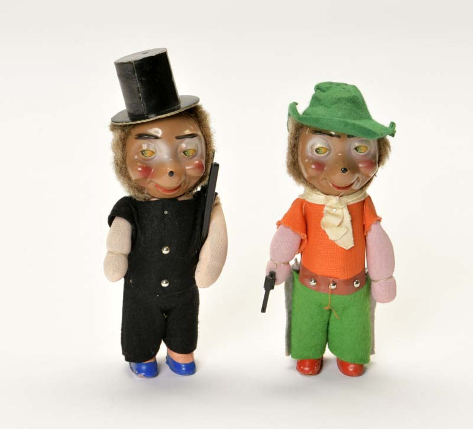 2 Mecki Figures, Hunter + Chimney Sweeper, W.-Germany, mixed constr., C 1-2