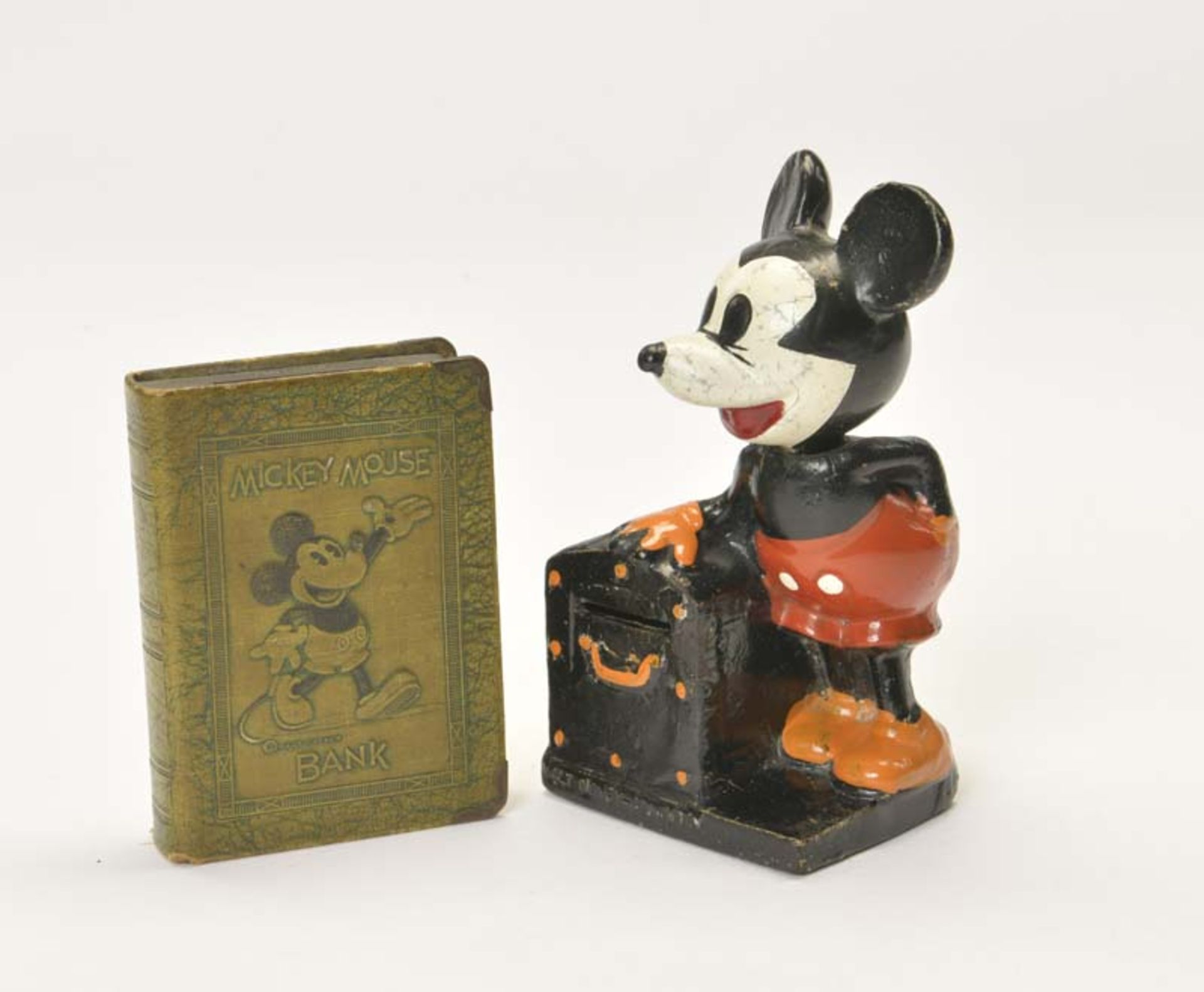 2x Mickey Mouse Money Bank, plaster + metal, C 1-2