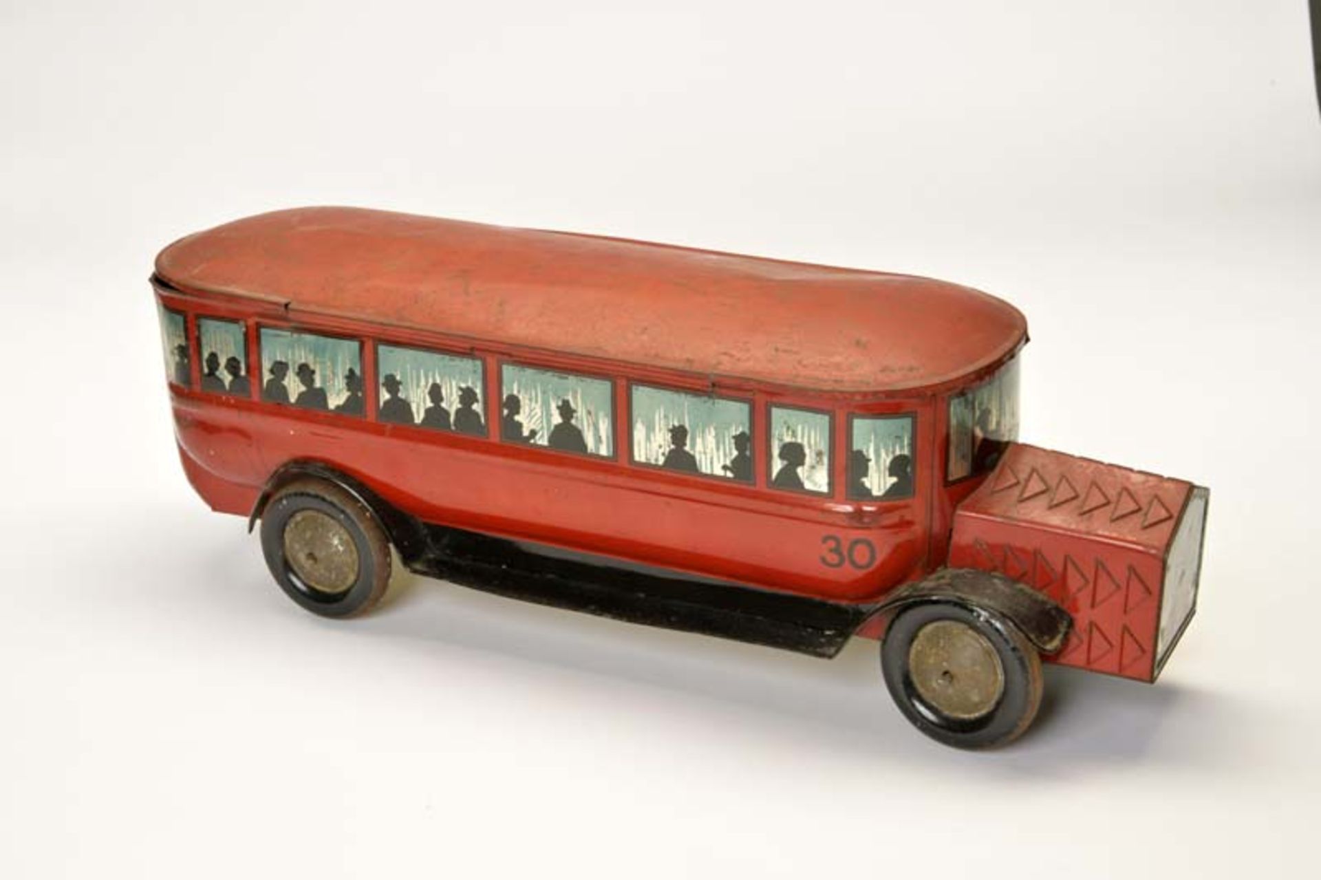 Biscuit Tin as Bus, from the 30s, tin, paint d. due to age, min. dents on roof + rear