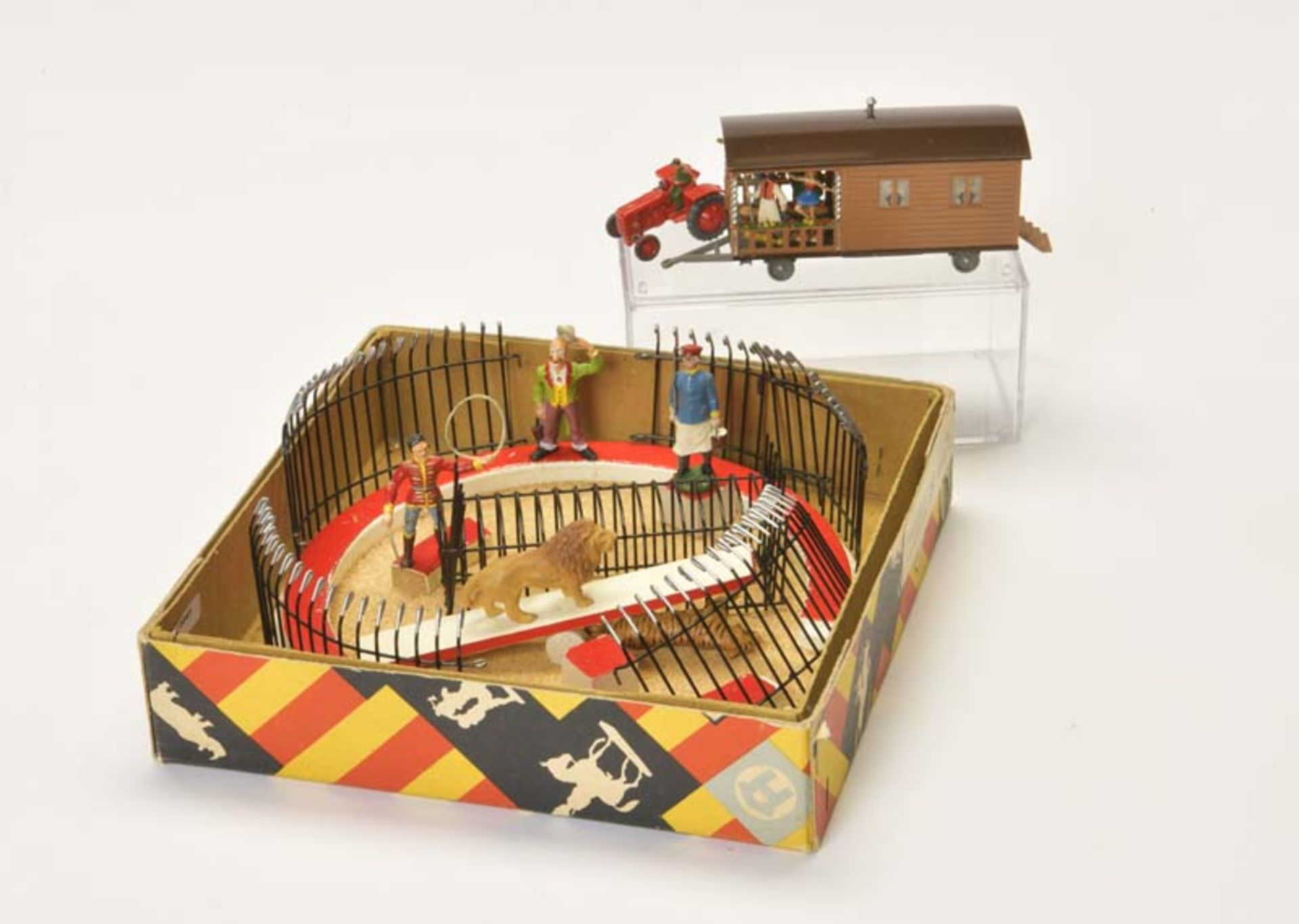 Hausser, Elastolin, Circus Ring with Animals, Figures, Cage a.o. + Siku Tractor with Circus Caravan,