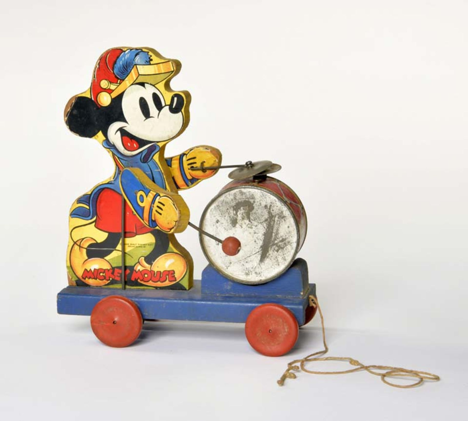 Fisher Price, Mickey Mouse Drummer on Vehicle, USA, wood + tin, paint d. due to age, from 1938, C