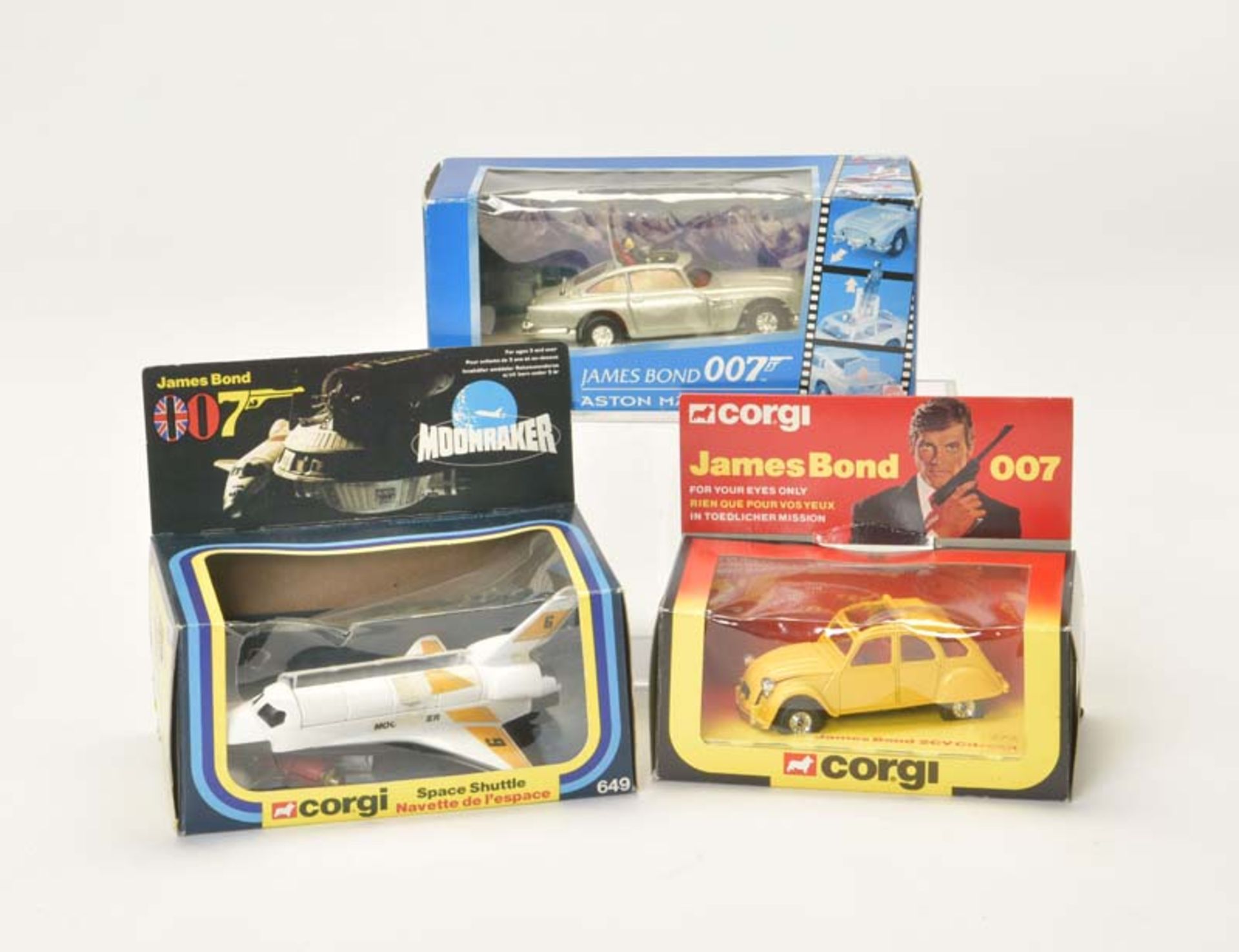 Corgi, James Bond Citroen, Aston Martin + Space Shuttle (272, 649 + 94060), 1:43, diecast, space