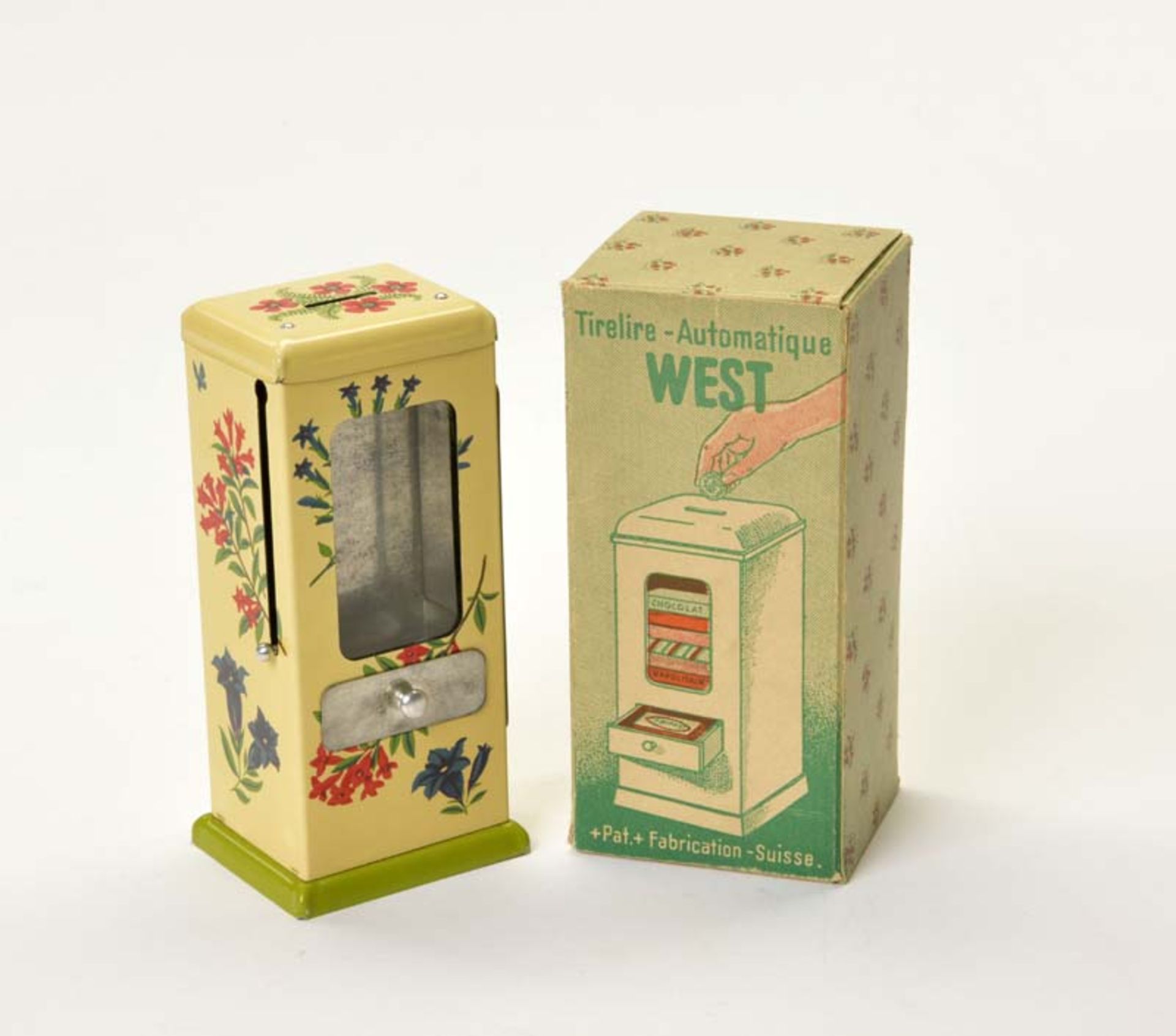 Meister, Money Bank "West", Switzerland, from the 40s, tin, box C 1, with instruction, key +