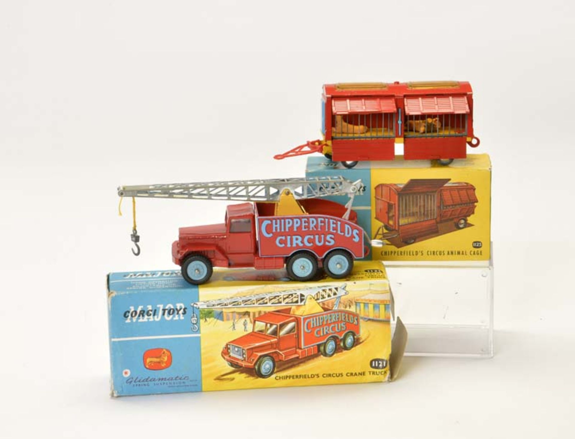 Corgi Toys, Chipperfield Crane Wagon + Cage Wagon, box C 1-2 (1 flap missing) , C 1