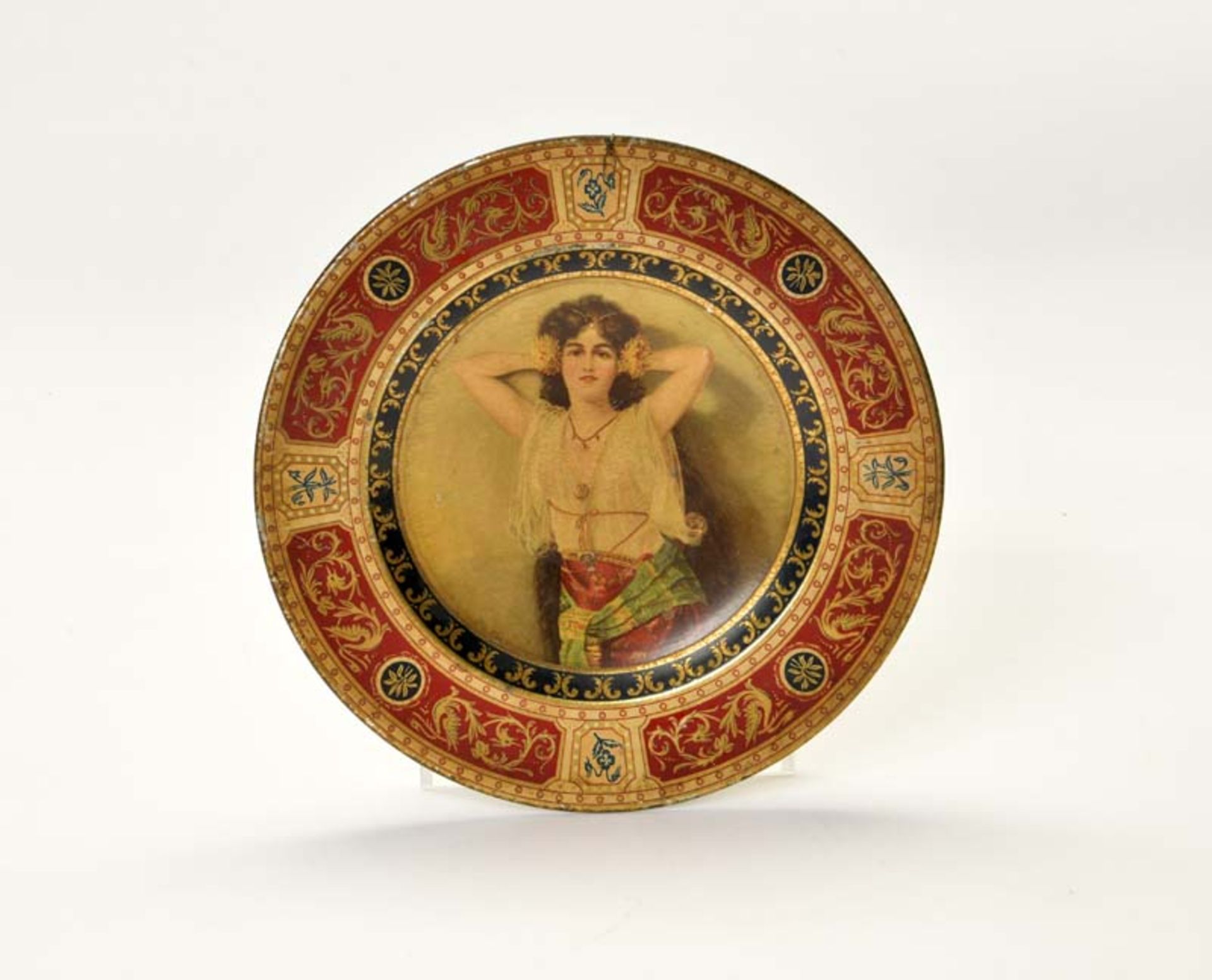 Advertising Plate with Lady, Spain, tin, min. paint d., very decorative, C 1-