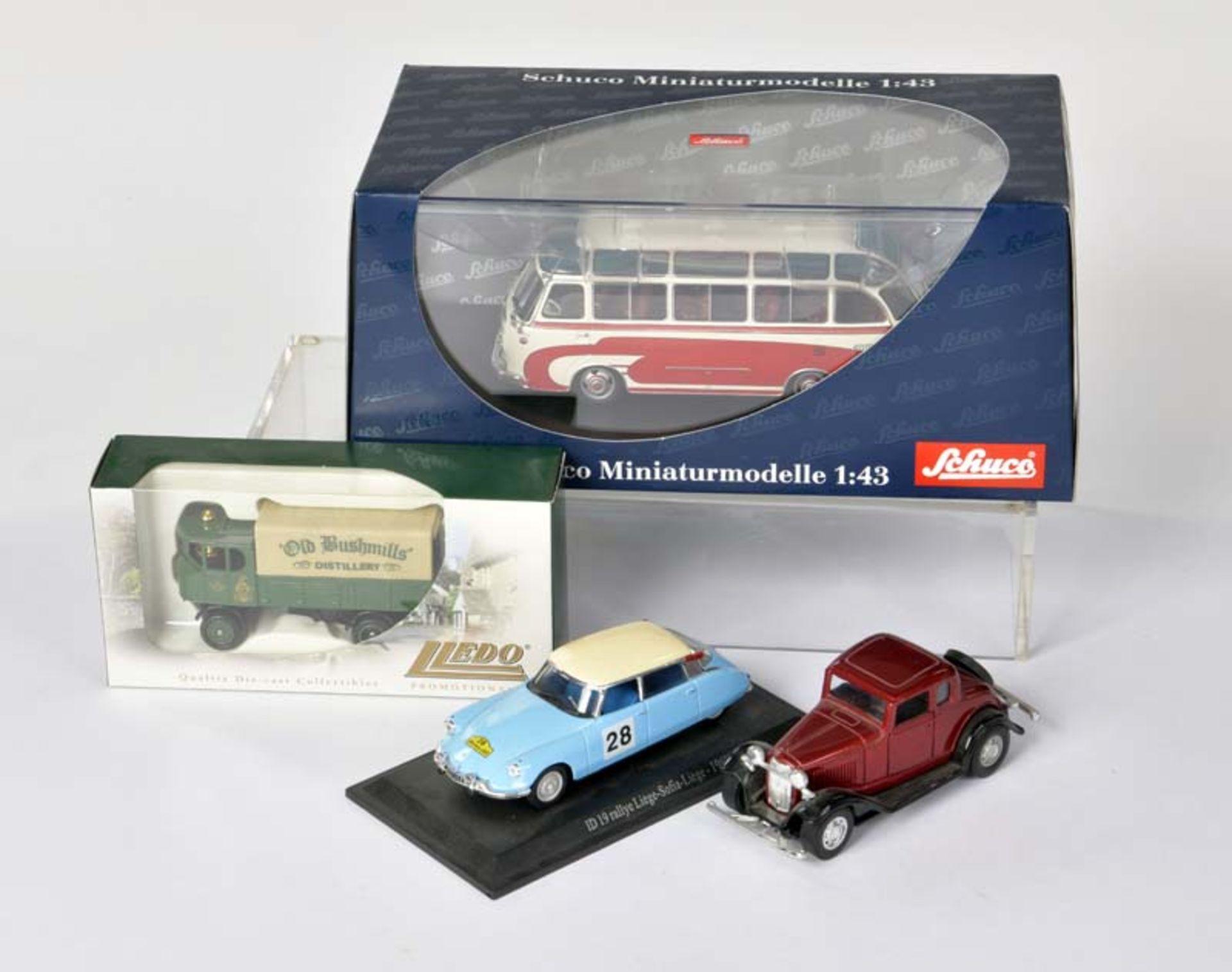 Schuco a.o., 4 Model Cars, 1:43, diecast, 2x original packaging, C 1