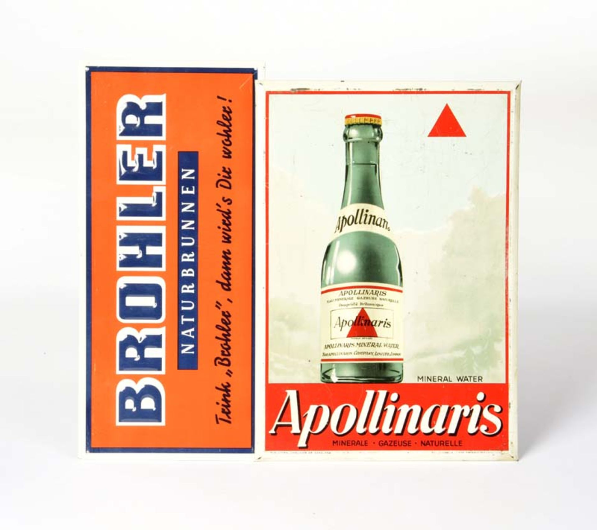 2 Tin Plate Signs"Apollinaris" + "Brohler", min. paint d., C 1-2