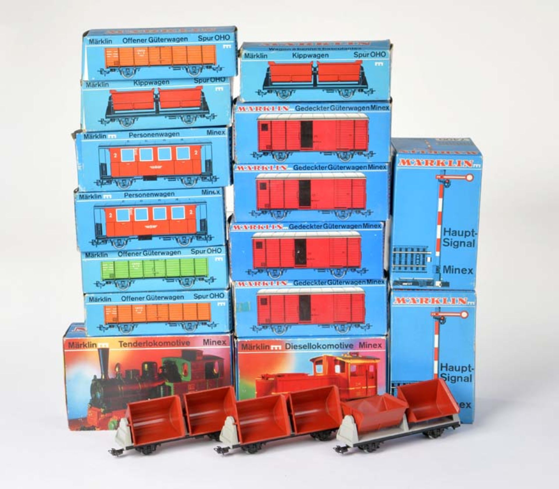 Märklin Minex, 2 Locos, 13 Wagons + 2 Signals, W.-Germany, guage H0, box C 1/1-, C 1<