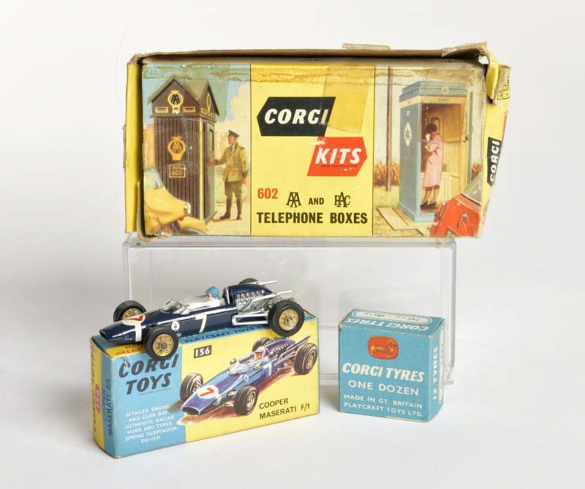 Corgi Toys, Cooper Maserati F 1 + Telephone Boxes, Great Britain, 1:43, plastic + diecast, box C 1/