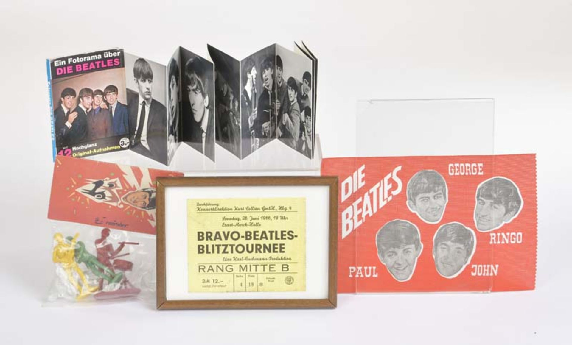 Bundle of Beatles Memorabilia, original ticket from 1966 a.o., mostly original package