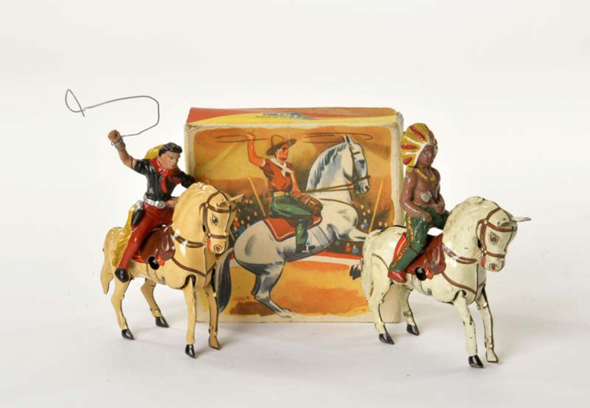 Köhler, Indian + Cowboy on Horse, US Z. Germany, tin, cw ok, original box, 1 arm fixed, lasso