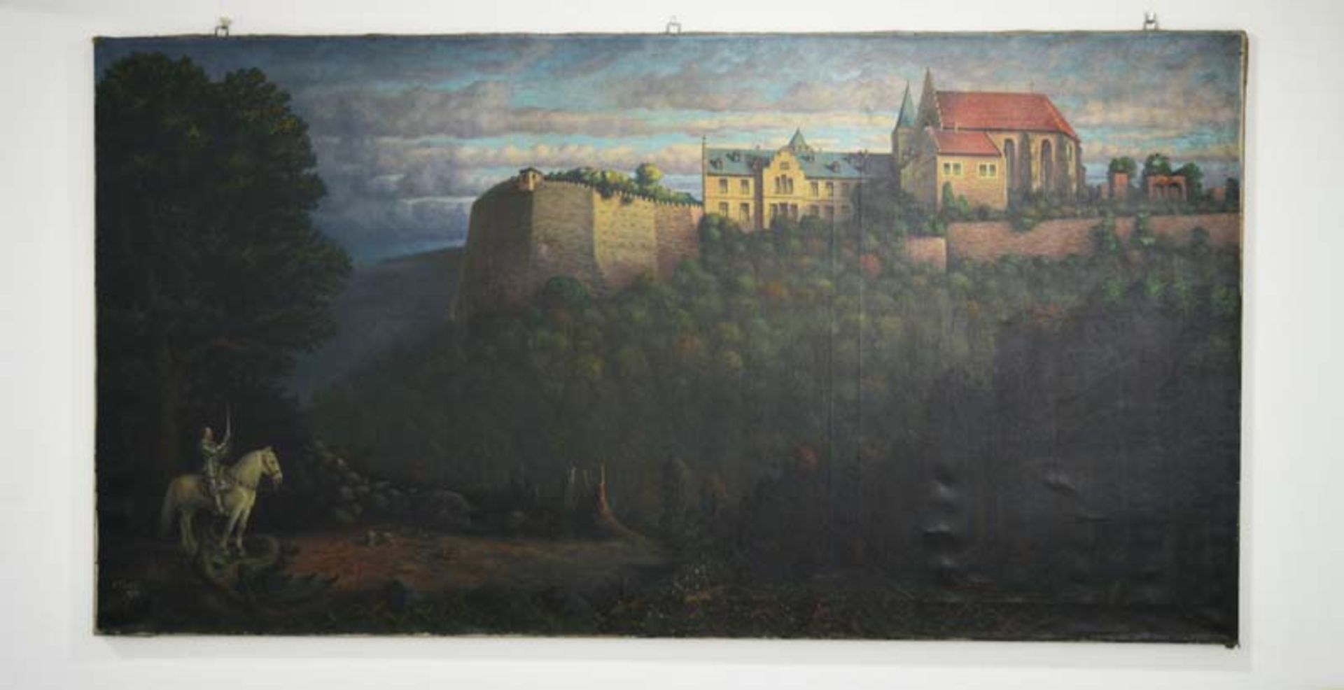 Large Painting "Hl. Georg", very impressive, oil on canvas, signed by Marx 1914, without frame,