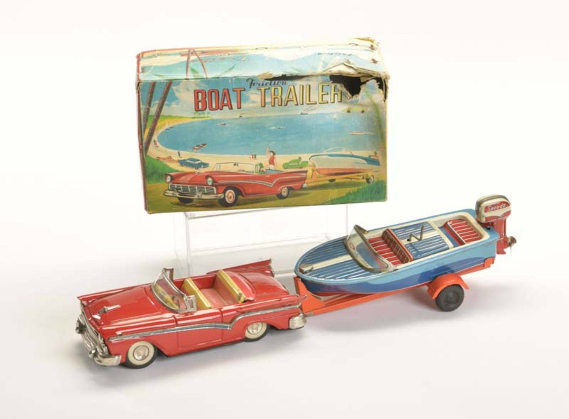 Haji, Boat Trailer Car, Japan, tin, friction ok, paint d., box, C 2-3