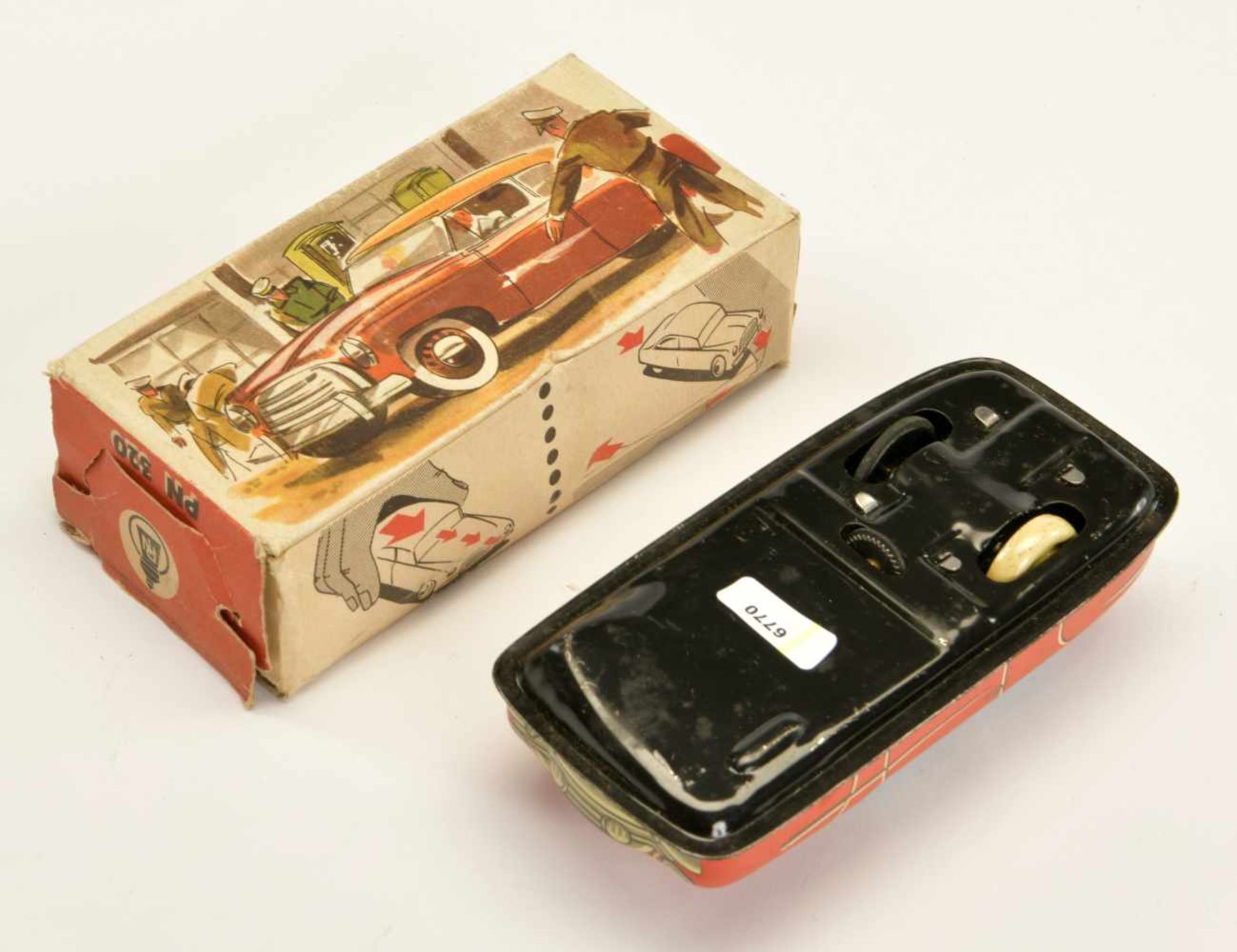 Niedermeier, Sedan Car 320, W.-Germany, tin, friction ok, min. paint d., box C 2 (1 flap torn), C - Bild 2 aus 2