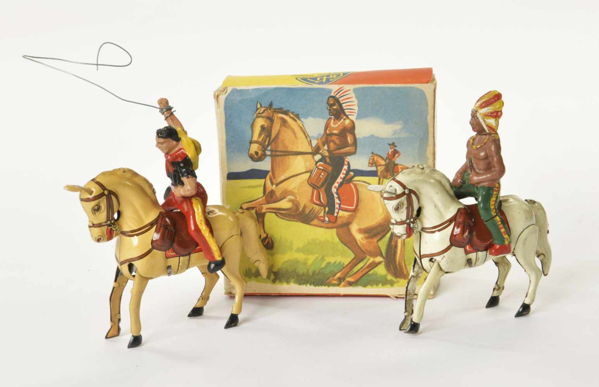 Köhler, Indian + Cowboy on Horse, US Z. Germany, tin, cw ok, original box, 1 arm fixed, lasso - Bild 2 aus 2