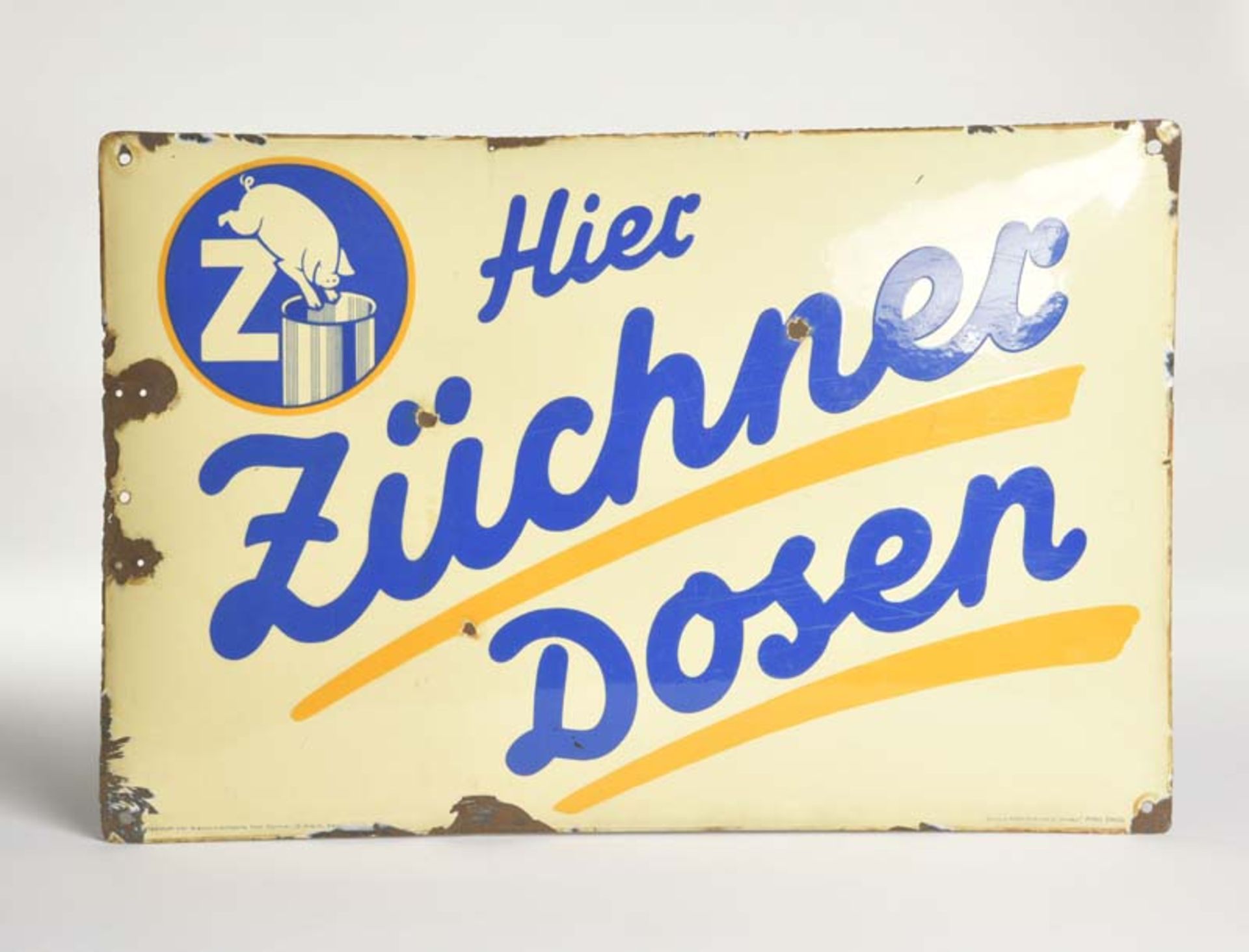 Emailleschild "Hier Züchner Dosen", 59x40 cm, LM, gewölbt, Boos & Hahn, Z 2-3