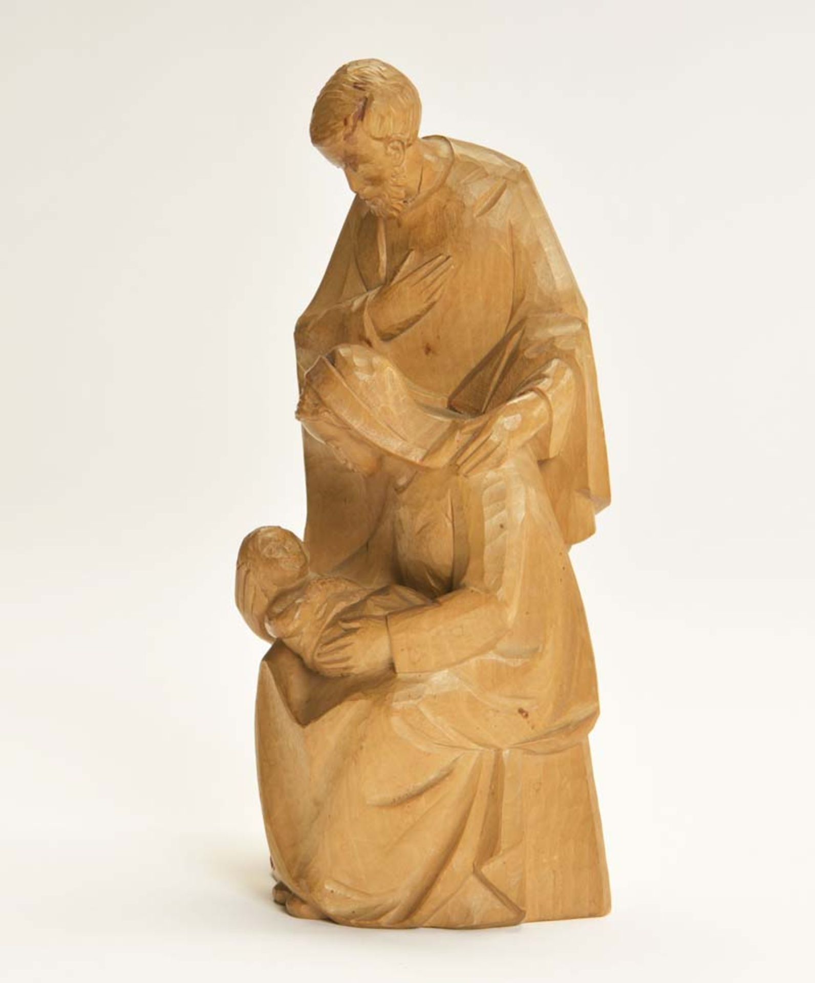 Holzschnitzerei "Heilige Familie", 23 cm, 1 Kopf geklebt, sonst sehr guter Zustand