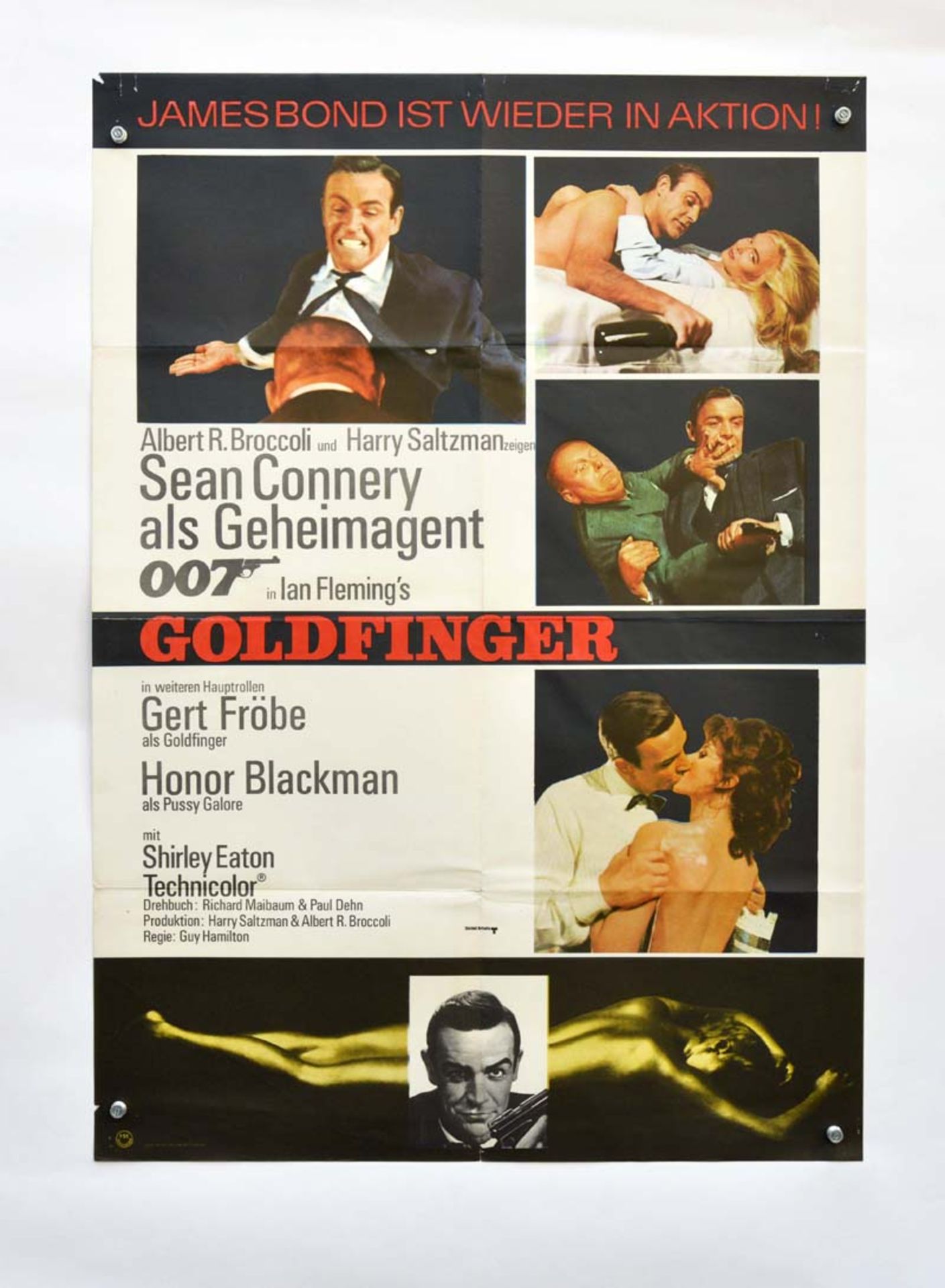 Filmplakat "Goldfinger", 60x84 cm, Knickspuren, Nadellöcher, kleiner Ausriss oben links, 1